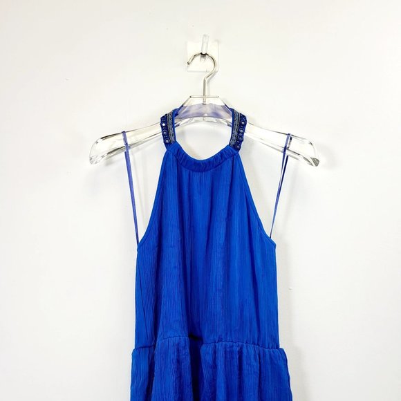 ZARA Dress Blue Mini SMALL Halter Beaded Open back Fit & Flare A-line Sparkle - Picture 5 of 10